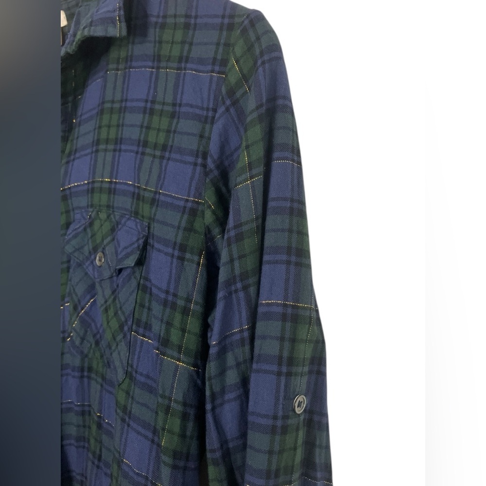 J.Crew Plaid Tunic Top S Holiday Flannel Button Up Blue Green Cozy Pocket - Picture 3 of 7